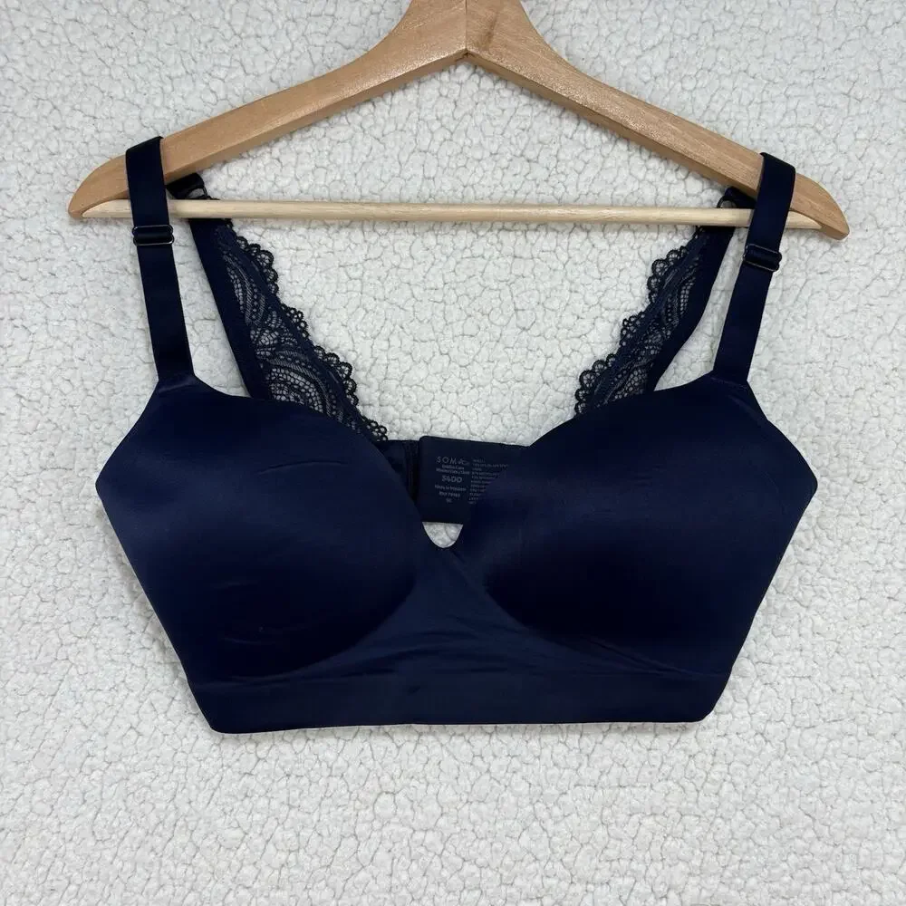 Soma Enbliss Luxe Wireless J Hook Bra 34DD Navy Lace Back Comfort Soft‎